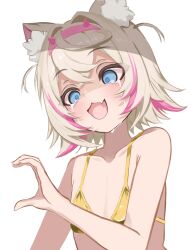 1girl animal_ear_fluff animal_ears bikini blonde_hair blue_eyes commentary crying crying_with_eyes_open dog_ears english_commentary flat_chest gold_bikini hairband half-heart_hands highres hololive hololive_english horn_hairband lucien_000298 mococo_abyssgard multicolored_hair open_mouth pink_hair pink_hairband simple_background solo streaked_hair swimsuit tears virtual_youtuber white_background