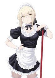 1girl absurdres artoria_pendragon_(fate) black_dress blonde_hair breasts dress fate/stay_night fate_(series) highres looking_at_viewer maid maid_headdress medium_breasts medium_hair mop okuma707 revision saber_alter sidelocks solo yellow_eyes