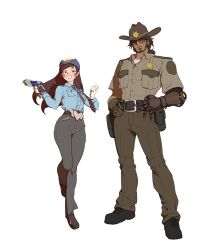 Rule 34 | 1boy, 1girl, alternate costume, beard, belt, black footwear, blue shirt, breast pocket, brown eyes, brown hair, cassidy (overwatch), collared shirt, cowboy, cowboy hat, d.va (overwatch), et.m, facepaint, facial hair, facial mark, female service cap, gloves, gun, hands on own hips, hat, holding, holding gun, holding weapon, long hair, long sleeves, mechanical arms, mechanical hands, necktie, officer d.va, official alternate costume, overwatch, overwatch 1, pocket, police, police badge, police hat, police uniform, policewoman, sheriff (contemporary), sheriff badge, shirt, short hair, simple background, single mechanical hand, striped necktie, weapon, western, whisker markings, white background, white gloves