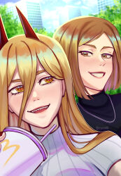 2girls absurdres blonde_hair brown_eyes brown_hair building chainsaw_man commentary cross-shaped_pupils crossover cup cyennik disposable_cup grin hair_between_eyes highres jewelry jujutsu_kaisen kugisaki_nobara mcdonald&#039;s multiple_girls necklace open_mouth power_(chainsaw_man) selfie sharp_teeth smile symbol-shaped_pupils teeth tree turtleneck yellow_eyes
