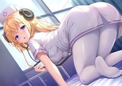 1girl ass blonde_hair breasts dress hat hololive horns kneeling large_breasts long_hair nurse nurse_cap on_bed pantyhose sheep_girl sheep_horns solo tsunomaki_watame umitonakai virtual_youtuber white_dress white_pantyhose