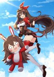 1girl absurdres amber_(genshin_impact) baron_bunny_(genshin_impact) blue_sky blush_stickers boots brown_hair day fang full_body genshin_impact goggles goggles_on_head hair_ribbon high_heel_boots high_heels highres ku-ini long_hair ribbon shorts sky smile thighhighs very_long_hair