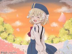 Rule 34 | 1girl, :d, ^ ^, arms behind back, assault lily, beret, blonde hair, blue flower, blue hat, blue skirt, blush, bow, bowtie, closed eyes, cloud, commentary request, cowboy shot, esaka shizuku, evening, facing viewer, falling petals, field, flower, flower field, frilled skirt, frilled sleeves, frills, from behind, hat, hat bow, herensuge girls academy school uniform, high-waist skirt, highres, ibuki riku, long sleeves, open mouth, outdoors, own hands together, petals, pink flower, red bow, red bowtie, school uniform, shirt, short hair, skirt, smile, solo, standing, sunset, suspender skirt, suspenders, tree, twitter username, white bow, white shirt
