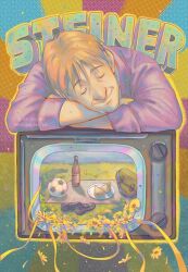 Rule 34 | 1boy, alcohol, ball, bottle, closed eyes, commentary, crossed arms, crt, dial television, english commentary, flower, food, grass, head rest, head tilt, highres, instagram username, kay tee kat, long sleeves, male focus, monster (manga), patterned background, picnic blanket, plate, purple shirt, sandwich, shirt, shoes, sleeping, soccer ball, solo, streamers, tears, television, twitter username, unworn shoes, wolfgang grimmer, yellow flower