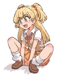 1girl beachepisode blonde_hair blush full_body green_eyes highres idolmaster idolmaster_cinderella_girls jougasaki_rika long_hair open_mouth school_uniform skirt smile socks solo squatting sweater_vest tongue two_side_up