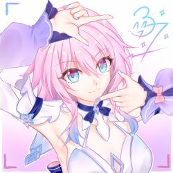 1girl absurdres arm_up armpits bare_shoulders blue_eyes blue_nails bow chushi_right detached_sleeves gradient_background highres honkai:_star_rail honkai_(series) long_sleeves looking_at_viewer march_7th_(honkai:_star_rail) march_7th_(nascent_spring)_(honkai:_star_rail) multicolored_eyes pink_background pink_bow pink_hair pink_nails purple_eyes short_hair smile solo two-tone_eyes two-tone_nails upper_body white_background