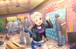 ;d artist_request belt black_choker black_footwear black_jacket black_shirt blonde_hair blue_shorts blush box buckle cable camera chair choker crane_(machine) denim denim_shorts ear_piercing earrings eyelashes folding_chair glint grey_footwear grey_pants grey_shirt hand_up holding holding_box idolmaster idolmaster_cinderella_girls indoors jacket jewelry leather leather_jacket monitor official_art one_eye_closed open_clothes open_jacket open_mouth orange_eyes pants piercing pixie_cut purple_shirt senzaki_ema shirt shoes short_hair shorts smile solo_focus stage_lights standing striped_clothes striped_shirt third-party_source two-tone_shirt very_short_hair video_camera white_belt