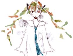 Rule 34 | 1girl, abstract, arms at sides, black ribbon, brown eyes, brown hair, hair between eyes, hatsune miku, light frown, long hair, masking tape (medium), mixed media, necktie, purple necktie, ribbon, ryono, shirt, solo, straight-on, three-quarter sleeves, traditional media, twintails, unconventional media, upper body, vocaloid, white background, white shirt, yume to fuzz (vocaloid)