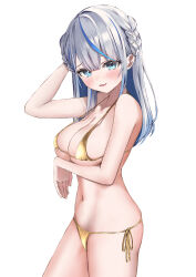 1girl absurdres alternate_costume amagai_ruka ara1e arm_under_breasts bare_arms bare_shoulders bikini blue_eyes blue_hair blush braid breasts cleavage cowboy_shot crown_braid fang gold_bikini golden_week golden_week_bikini grey_hair hand_on_own_head highres large_breasts long_hair looking_at_viewer multicolored_hair navel side-tie_bikini_bottom simple_background skin_fang smile solo stomach streaked_hair string_bikini swimsuit three_quarter_view virtual_youtuber weather_planet white_background
