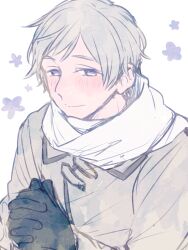 1boy axis_powers_hetalia black_gloves blush closed_mouth coat collared_coat commentary_request flower gloves grey_coat grey_hair hands_up long_sleeves looking_at_viewer male_focus own_hands_together purple_eyes russia_(hetalia) saku_anna scarf short_hair simple_background smile solo upper_body white_background white_scarf