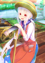 1girl :d aiuabo albino apron blue_nails blue_neckerchief blue_ribbon blue_skirt bush cloud_print commentary_request day dirt female_focus gardening gloves hair_ribbon hat highres hoe lattice long_hair long_skirt looking_at_viewer nail_polish neckerchief open_mouth original outdoors print_skirt red_apron red_eyes ribbon shirt shovel sidelocks skirt smile solo straw_hat tarpaulin twintails unworn_gloves very_long_hair wheelbarrow white_hair white_shirt