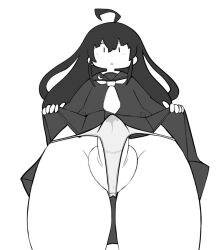 Rule 34 | 0shikimi, 1futa, bow, bowtie, bulge, clothes lift, coat, erection, erection under clothes, from below, futanari, kantai collection, long hair, mikazuki (kancolle), panties, penis, penis in panties, precum, school uniform, skirt, skirt lift, solo, testicles, underwear