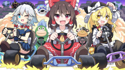 3girls :d ;d apron ascot black_gloves black_hat black_thighhighs blonde_hair blue_dress blue_eyes blue_shell_(mario) blush bow bowser braid brown_hair brown_shoes commentary_request cross-shaped_pupils cross_tie crossover detached_sleeves dress driving dust e.o. fingerless_gloves frilled_ascot frilled_bow frilled_hair_tubes frilled_skirt frills gloves go-kart golden_mushroom grey_hair hair_between_eyes hair_bow hair_tubes hakurei_reimu hand_on_headwear hat hat_bow izayoi_sakuya kirisame_marisa long_sleeves maid_headdress mario_(series) mario_kart mario_kart_world medium_hair moo_moo_(mario) multiple_girls nintendo one_eye_closed open_mouth outdoors red_bow red_eyes red_skirt ribbon-trimmed_sleeves ribbon_trim shoes short_dress side_braids single_braid skirt smile sparks spike_(mario) steering_wheel super_mario_world_2:_yoshi&#039;s_island super_mushroom symbol-shaped_pupils thighhighs touhou twin_braids waist_apron white_apron white_bow white_sleeves witch_hat yellow_ascot yellow_eyes