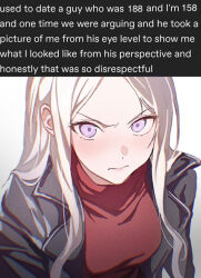 1girl black_jacket blush breasts closed_mouth collared_jacket contemporary dated_commentary edelgard_von_hresvelg fire_emblem fire_emblem:_three_houses from_above gradient_background hair_down highres jacket leather leather_jacket light_frown long_hair long_sleeves looking_at_viewer looking_up medium_breasts meme nintendo pink_lips pov purple_eyes red_shirt shirt soma_otakuu white_hair