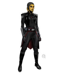 Rule 34 | 1girl, absurdres, alien, black boots, black gloves, black jacket, black pants, boots, brian matyas, colored skin, full body, gloves, highres, imperial logo (star wars), jacket, looking at viewer, lyn rakish, nogratu, pants, red eyes, simple background, solo, star wars, white background, yellow skin