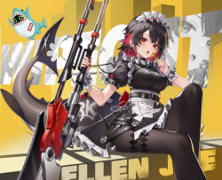 1girl black_dress black_hair black_pantyhose chabaneko character_name dress ellen_joe fins fish_tail highres holding holding_weapon knee_up maid maid_headdress multicolored_hair pantyhose red_eyes red_hair shark_girl shark_tail sharp_teeth short_hair short_sleeves sitting tail teeth two-tone_hair weapon zenless_zone_zero