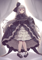 1girl 1other absurdres black_bow black_dress black_eyes black_fur black_hair black_shoes blush bow clothes_lift dot_nose dress dress_lift frilled_dress frilled_sleeves frills full_body ghost_belle_&amp;_haunted_mansion gothic_lolita green_eyes hair_bow highres kanzakietc lifting_own_clothes lolita_fashion long_hair long_sleeves one_eye_closed open_mouth purrelyly shoes smile socks very_long_hair white_socks yu-gi-oh!