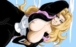 1girl amazingpanties arm_behind_head bare_shoulders bleach blonde_hair blue_eyes breasts breasts_out cloud collarbone female_focus large_breasts long_hair matsumoto_rangiku mole mole_under_mouth nipples pink_shawl pixel_art shawl shihakusho shiny_skin sky