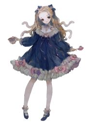1girl black_eyes blonde_hair blue_dress bow cup dairoku_ryouhei dress dress_bow eyeball_hair_ornament forehead full_body holding holding_cup i3_(tw) long_hair mary_janes shoes snake_hair solo spoon standing teacup transparent_background virginia_luxuria