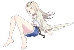 1girl absurdres barefoot belt blonde_hair blue_shorts blush camisole closed_mouth colored_eyelashes denim denim_shorts expressionless flipped_hair full_body gakuen_idolmaster hair_ornament hairclip highres idolmaster jacket long_hair looking_at_viewer orange_hair shinosawa_hiro short_shorts shorts simple_background sitting solo straight_hair tamago_(eva1314056) toenails toes white_background white_camisole white_jacket