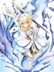 1girl bare_shoulders black_gloves blonde_hair blue_background blue_dress boots breasts bright_pupils cape collared_cape commentary_request dress feather_hair_ornament feathers flower from_above full_body genshin_impact gloves gold_trim gradient_background hair_between_eyes hair_flower hair_intakes hair_ornament halterneck highres holding holding_sword holding_weapon hydrokinesis lily_(flower) looking_at_viewer lumine_(genshin_impact) medium_breasts mittanillust orange_eyes partially_fingerless_gloves short_hair_with_long_locks sleeveless sleeveless_dress smile solo standing standing_on_one_leg sword thigh_boots two-tone_background two-tone_dress vambraces water weapon white_background white_boots white_cape white_dress white_flower