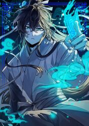 1boy :&lt; aqua_eyes black_hair blue_flower chinese_clothes cowboy_shot crossed_bangs falling_shark flower hair_ribbon hanfu high_ponytail highres holding_ofuda jinhongi korean_commentary long_hair long_sidelocks long_sleeves looking_at_viewer male_focus ofuda pants ponytail ribbon sash seol_young sidelocks solo white_hanfu white_pants white_ribbon white_sash