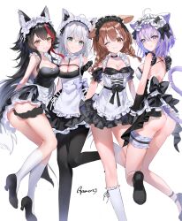 4girls ahoge alternate_costume animal_ear_fluff animal_ears apron aqua_eyes ass back_bow backless_dress backless_outfit black_choker black_dress black_hair black_pantyhose black_shoes bow braid breasts brown_eyes brown_hair cat_ears cat_girl cat_tail center_cross_lace choker cleavage commentary_request crossed_bangs detached_collar dog_ears dog_girl dog_tail double-parted_bangs dress english_text enmaided feet_out_of_frame fox_ears fox_girl fox_tail frilled_apron frilled_skirt frilled_thigh_strap frills high_heels highres hololive hololive_gamers inugami_korone karanashi_noma layered_skirt light_blush light_smile long_hair looking_at_viewer low_twin_braids maid maid_apron maid_headdress mary_janes medium_breasts medium_hair messy_hair miniskirt multicolored_hair multiple_girls nekomata_okayu off-shoulder_dress off_shoulder one_eye_closed ookami_mio panties pantyhose pantyshot puffy_short_sleeves puffy_sleeves purple_eyes purple_hair red_hair shirakami_fubuki shoes short_sleeves simple_background skirt sleeveless sleeveless_dress socks standing streaked_hair tail tail_wrap thigh_strap twin_braids twisted_torso underwear virtual_youtuber waist_apron waist_bow white_apron white_background white_hair white_panties white_socks wolf_ears wolf_girl wolf_tail yellow_eyes