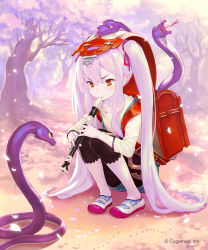 1girl ant backpack bag bike_shorts black_shorts blue_legwear blue_shorts bug cherry_blossoms company_name day eyelashes female_focus fingernails flute full_body granblue_fantasy hair_between_eyes hair_ribbon highres hisakata_souji holding holding_flute holding_instrument insect instrument long_hair long_sleeves medusa_(shingeki_no_bahamut) music official_art orange_eyes outdoors pastel_colors petals playing_instrument pointy_ears purple_legwear randoseru recorder red_ribbon ribbon shingeki_no_bahamut shirt shoes short_shorts shorts shorts_under_shorts sidelocks snake snake_charmer solo squatting three-quarter_sleeves tree twintails uwabaki very_long_hair white_hair white_shirt white_shoes