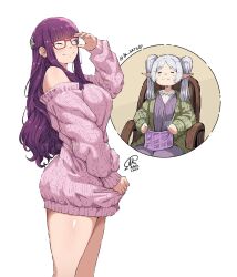 2girls blunt_bangs closed_eyes closed_mouth dress elf fern_(sousou_no_frieren) frieren glasses jk_arts knitting knitting_needle long_hair multiple_girls needle pink_sweater pointy_ears purple_hair simple_background smile sousou_no_frieren sweater sweater_dress twintails white_background