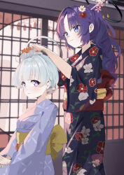 2girls alternate_costume alternate_hairstyle back_bow black_halo black_kimono blue_archive blue_eyes blush bow closed_mouth floral_print floral_print_kimono flower grey_kimono hair_bun hair_flower hair_ornament halo highres japanese_clothes kimono kumakono long_hair multiple_girls noa_(blue_archive) obi orange_flower ponytail print_kimono purple_eyes purple_hair red_bow red_sash sash smile white_hair white_halo yellow_bow yellow_sash yuuka_(blue_archive)