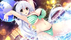 1girl ayamori_leeruxu ball beachball bikini blush breasts carrying_overhead dutch_angle female_focus game_cg green_bikini green_eyes high_ponytail highres holding holding_ball kokorone=pendulum! large_breasts layered_bikini long_hair navel official_art open_mouth oshiki_hitoshi ponytail pool side-tie_bikini_bottom solo striped_bikini striped_clothes swimsuit very_long_hair wading water white_hair