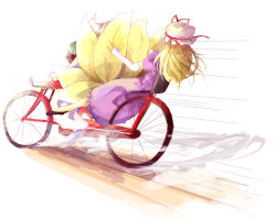 3girls bad_id bad_pixiv_id bicycle blonde_hair brown_hair chen dust elbow_gloves female_focus fox_tail gloves hat hat_ribbon ichitaro long_hair motion_lines multiple_girls multiple_riders multiple_tails ribbon speed_lines tail touhou white_gloves yakumo_ran yakumo_yukari