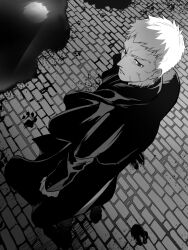 1boy blood blood_splatter blood_stain coat expressionless from_above long_coat looking_to_the_side male_focus melty_blood metarogu monochrome nrvnqsr_chaos paw_print short_hair tall_male tsukihime vampire very_long_coat