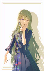1girl absurdres black_nails black_shirt blue_bow blue_dress bow bracelet breasts collarbone commentary_request cowboy_shot dress drop_shadow earrings floral_print frilled_sleeves frills green_hair hair_between_eyes half_updo hand_on_own_chin hand_up highres jewelry kusanagi_nene long_sleeves looking_at_viewer necklace official_alternate_costume official_alternate_hair_length official_alternate_hairstyle omoi_wo_nosete!_dream_stage_(project_sekai) one_eye_closed project_sekai purple_eyes shirt sidelighting sidelocks small_breasts solo three-quarter_sleeves user_rvna3452