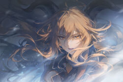 Rule 34 | 1girl, animal ears, arknights, black jacket, blonde hair, degenbrecher (arknights), goat ears, goat girl, goat horns, hair between eyes, helen zzhao, highres, horns, jacket, long sleeves, looking at viewer, orange eyes, shirt, solo, upper body, yellow shirt