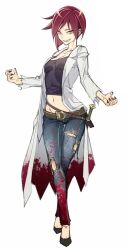 1girl artist_request blood denim groin jeans nails nanatsu_no_maken_ga_shihai_suru official_art pants red_hair sharp_teeth short_hair sword tagme teeth weapon