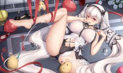 1girl absurdly_long_hair absurdres azur_lane balloon barefoot black_neckwear black_panties black_sailor_collar black_shoes bow breasts clothing_cutout dress dress_bow dress_flower feather_dress flower formidable_(azur_lane) formidable_(timeless_classics)_(azur_lane) hair_ornament high_heels highres large_breasts long_hair lrh0123 lying m_legs manjuu_(azur_lane) navel_cutout official_alternate_costume on_back panties platinum_blonde_hair red_ribbon ribbon sailor_collar see-through_clothes see-through_dress sexually_suggestive shoes sideboob silver_hair solo spread_legs suggestive_fluid taut_clothes taut_dress toes two-tone_dress two-tone_ribbon underwear unworn_shoes veil very_long_hair white_dress