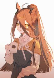 1girl ahoge alternate_hairstyle animal_ears animal_print apron black_apron black_hair cat_print coffee_mug collared_shirt cup ear_ornament earrings flat_chest grey_background hair_between_eyes hand_up high_ponytail highres holding holding_cup horse_ears horse_girl jewelry layered_sleeves long_bangs long_hair long_hair_between_eyes long_sleeves manhattan_cafe_(umamusume) mug multicolored_hair neck_ribbon ninaki999 open_mouth ponytail ribbon shirt short-sleeved_sweater short_over_long_sleeves short_sleeves single_earring smile solo sweater umamusume very_long_hair white_background white_hair white_ribbon white_shirt yellow_eyes yellow_sweater