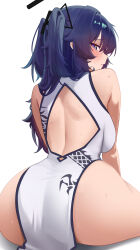 1girl absurdres alternate_costume ass ass_focus back back_cutout black_halo blue_archive blue_eyes blue_hair blush breasts china_dress chinese_clothes clothing_cutout commentary curvy dress from_behind hair_ornament halo highres huge_ass large_breasts long_hair looking_at_viewer looking_back mcbox median_furrow pelvic_curtain simple_background sitting sleeveless sleeveless_dress solo sweat symbol-only_commentary triangle_hair_ornament two_side_up white_background white_dress wide_hips yuuka_(blue_archive)