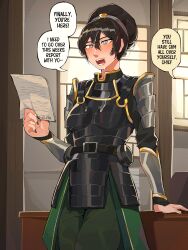 1girl absurdres after_fellatio against_desk armor avatar_legends black_armor black_nails blind cum cum_in_mouth cum_on_body cum_on_clothes cum_on_hair diforland english_text eyelashes facial hair_bun highres mature_female open_mouth single_hair_bun solo speech_bubble the_legend_of_korra toph_beifong
