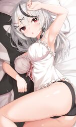 1girl absurdres alternate_costume arm_up armpits ass bed_sheet black_hair black_panties blush breasts commentary ear_piercing english_commentary enru furrowed_brow hair_ornament hairclip highres hololive large_breasts lingerie looking_at_viewer lying medium_breasts multicolored_hair nail_polish on_side paid_reward_available panties parted_lips piercing pillow red_eyes red_nails sakamata_chloe solo streaked_hair stuffed_orca thighs two-tone_hair underwear virtual_youtuber white_hair