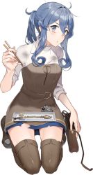 1girl alternate_costume bag blue_eyes blue_hair boots chopsticks closed_mouth dress drew_(drew213g) female_focus fish food full_body gotland_(kancolle) gotland_(saury_festival)_(kancolle) handbag kantai_collection medium_dress medium_hair mole mole_under_eye official_art ponytail pout pouty_lips saury shirt solo thigh_boots thighhighs transparent_background white_shirt