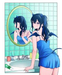1girl alternate_costume bare_shoulders blue_camisole blue_horns blue_shorts border camisole cowboy_shot cup double-parted_bangs hair_between_eyes highres holding holding_toothbrush horns ichinose_uruha long_hair looking_back lupinus_virtual_games mirror mug multicolored_hair outside_border purple_eyes reflection shorts sink small_horns solo spaghetti_strap streaked_hair tail tile_wall tiles toothbrush toothpaste two_side_up uwanosora000 virtual_youtuber vspo! white_border wings