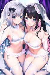 2girls absurdres alternate_costume armpits bare_shoulders black_hair blue_eyes bow bra breasts cleavage colored_inner_hair detached_collar detached_sleeves earrings fingernails frills grey_hair hair_bow hand_up highres jewelry kaga_nazuna kaga_sumire lingerie long_hair long_sleeves looking_at_viewer medium_breasts multicolored_hair multiple_girls nail_polish navel open_mouth panties petals side-tie_panties small_breasts smile stomach streaked_hair string_bra sugiki thighhighs thighs underwear veil virtual_youtuber vspo! white_bra white_panties white_thighhighs