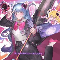1other 2girls :d ;q absurdres arr_1l black_coat black_pants blonde_hair blue_hair blush_stickers bow bowtie choker clock coat commentary cosplay dante_(limbus_company) don_quixote_(project_moon) don_quixote_(project_moon)_(cosplay) e.g.o_(project_moon) frilled_choker frills hair_ornament heart heart_hair_ornament heart_sticker high_heels highres holding holding_polearm holding_weapon in_the_name_of_love_and_hate_(e.g.o) lance limbus_company lobotomy_corporation long_hair long_sleeves multiple_girls notice_lines one_eye_closed open_clothes open_coat open_mouth pants pink_bow pink_bowtie pink_choker pink_nails pink_shoes polearm project_moon queen_of_hatred shirt shoes smile star_sticker tongue tongue_out translation_request two-sided_coat two-sided_fabric two_side_up v v_over_head weapon white_shirt yellow_eyes