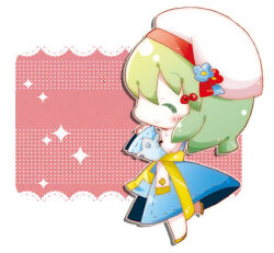 1girl arch_bishop_(ragnarok_online) blue_dress blue_flower blush chibi chibi_only closed_eyes closed_mouth commentary_request cross dress flower full_body green_hair hat hat_flower juliet_sleeves long_sleeves lowres pantyhose puffy_sleeves ragnarok_online red_flower sash short_hair smile solo tam_(ragnarok_online) tanaka_yuugo two-tone_dress white_dress white_hat white_pantyhose yellow_sash