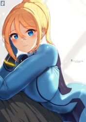 1girl absurdres blonde_hair blue_bodysuit blue_eyes blush bodysuit breasts chinchongcha elbow_rest hair_between_eyes high_ponytail highres large_breasts lying metroid mole mole_under_mouth nintendo on_side ponytail samus_aran skin_tight solo zero_suit