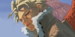 1boy blonde_hair blue_sky boku_no_hero_academia brown_coat brown_eyes buttons coat commentary_request hawks_(boku_no_hero_academia) highres kogu_(nue_insideout) looking_at_viewer male_focus outdoors parted_lips red_wings short_hair sideburns sky solo sparse_stubble wings