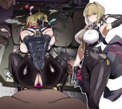 1girl 2boys aburisamon arm_binder arm_strap armbinder arms_behind_back ass bar_censor bdsm black_gloves black_pants blonde_hair bondage bound bound_arms braid braided_bun breasts censored chest_harness collar commission condom elbow_gloves evelyn_chevalier fat fat_man gloves hair_bun half_gloves harness hetero high-waist_pants highres hitachi_magic_wand large_breasts latex_pants leash male_pubic_hair mole mole_under_eye multiple_boys necktie pants penis pov pov_crotch pubic_hair purple_eyes rape ring_hair_ornament sex sex_from_behind sex_toy shirt short_hair single_elbow_glove single_half_glove skeb_commission slave stray_pubic_hair tight_clothes tight_pants used_condom used_tissue vibrator viewer_holding_leash white_shirt yellow_necktie zenless_zone_zero