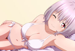 Rule 34 | 1girl, bikini, breasts, cowboy shot, front-tie bikini top, front-tie top, gridman universe, highres, large breasts, lying, on side, one eye closed, ponzu (anagosan02), purple hair, red eyes, selfie, shinjou akane, short hair, side-tie bikini bottom, smile, solo, ssss.gridman, swimsuit, white bikini